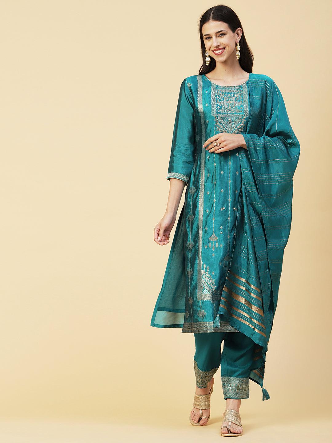 Woven Zari Design Cutdana & Pearl Embroidered Kurta With Pants & Dupatta - Teal Green - Indiakreations