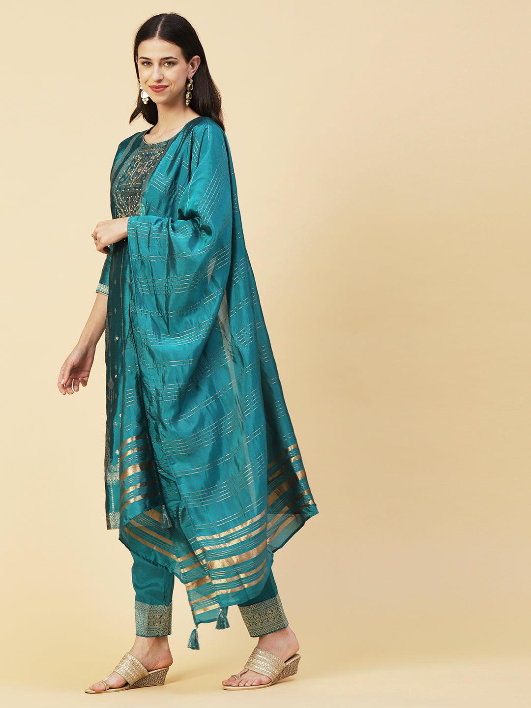 Woven Zari Design Cutdana & Pearl Embroidered Kurta With Pants & Dupatta - Teal Green - Indiakreations