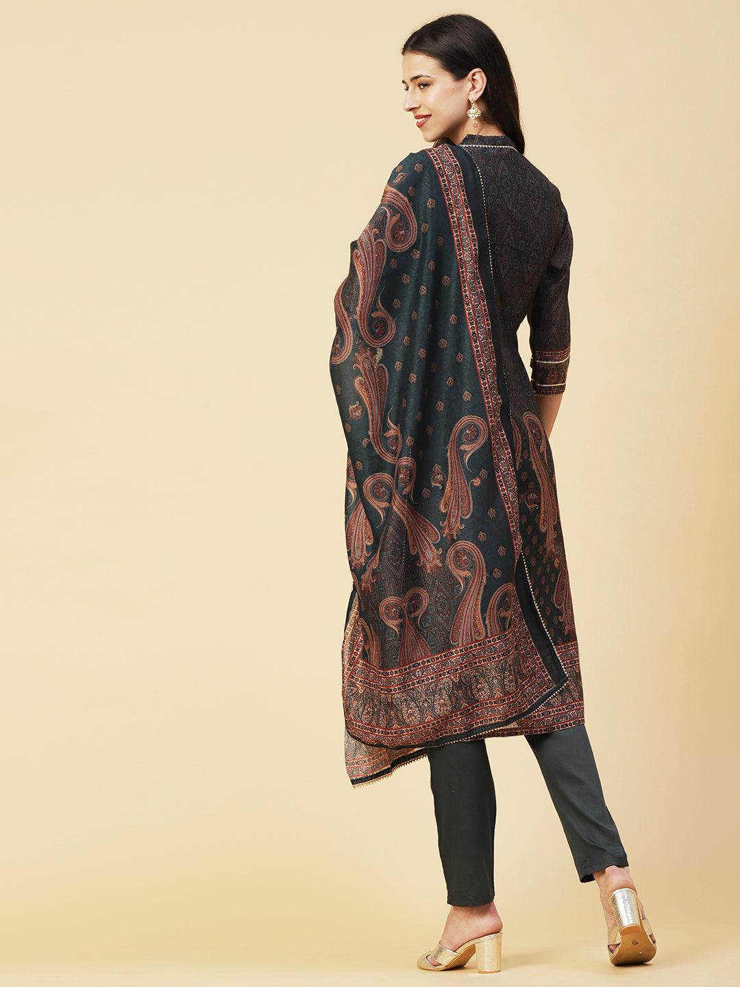 Ethnic Printed Mirror, Cutdana & Zari Embroidered Kurta With Pants & Dupatta - Dark Green - Indiakreations