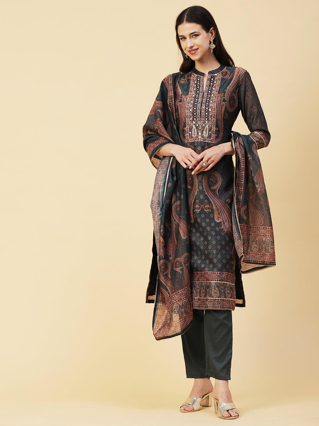 Ethnic Printed Mirror, Cutdana & Zari Embroidered Kurta With Pants & Dupatta - Dark Green - Indiakreations