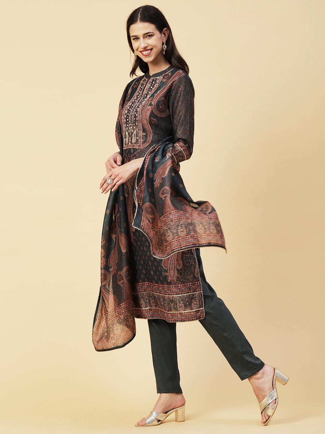 Ethnic Printed Mirror, Cutdana & Zari Embroidered Kurta With Pants & Dupatta - Dark Green - Indiakreations