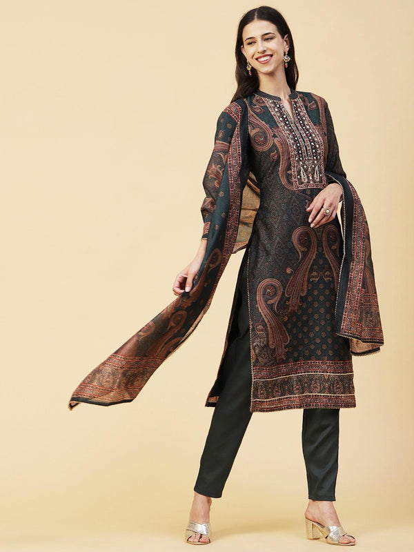 Ethnic Printed Mirror, Cutdana & Zari Embroidered Kurta With Pants & Dupatta - Dark Green - Indiakreations