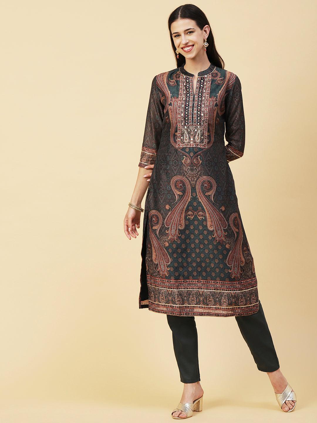 Ethnic Printed Mirror, Cutdana & Zari Embroidered Kurta With Pants & Dupatta - Dark Green - Indiakreations