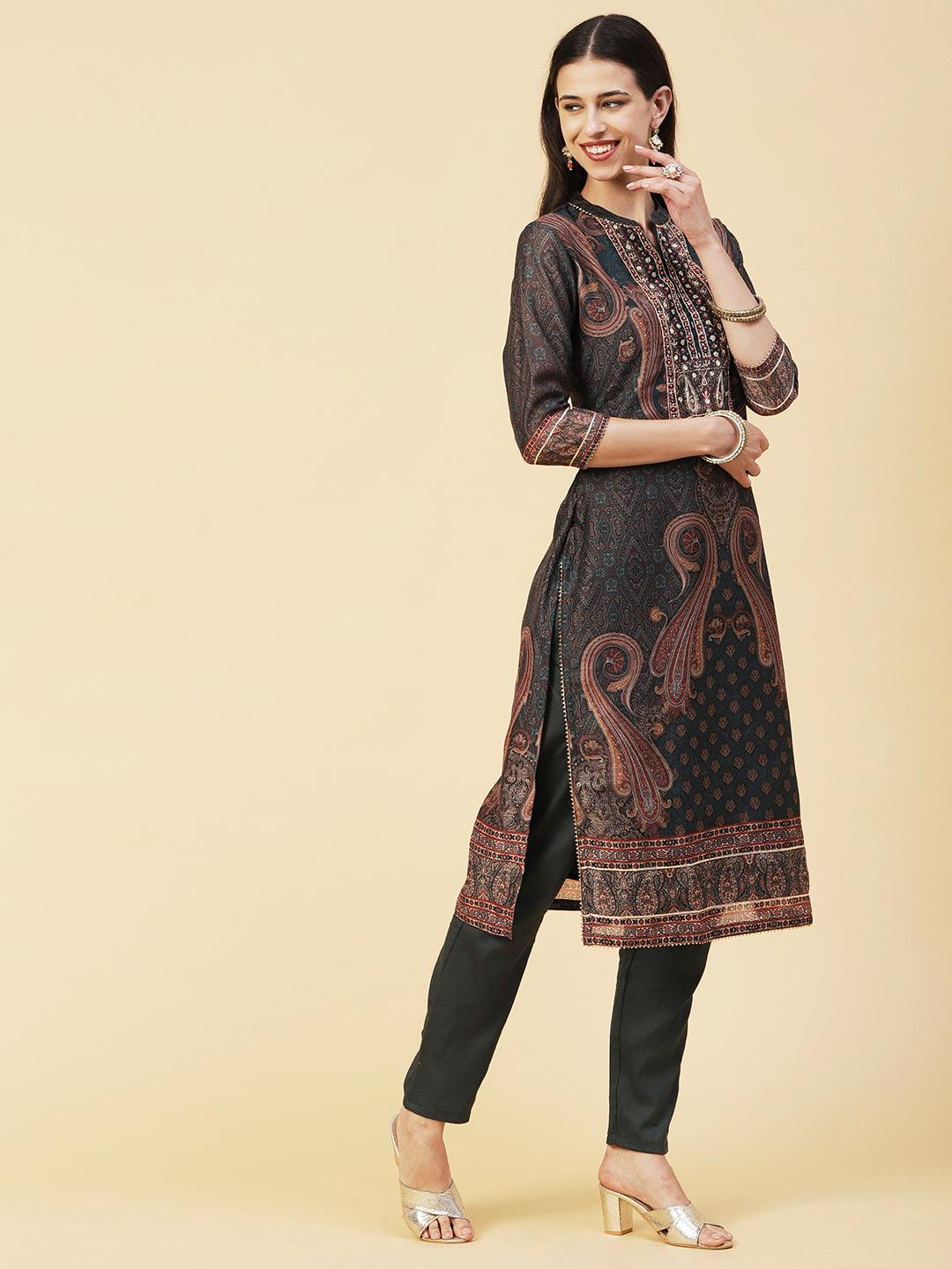 Ethnic Printed Mirror, Cutdana & Zari Embroidered Kurta With Pants & Dupatta - Dark Green - Indiakreations