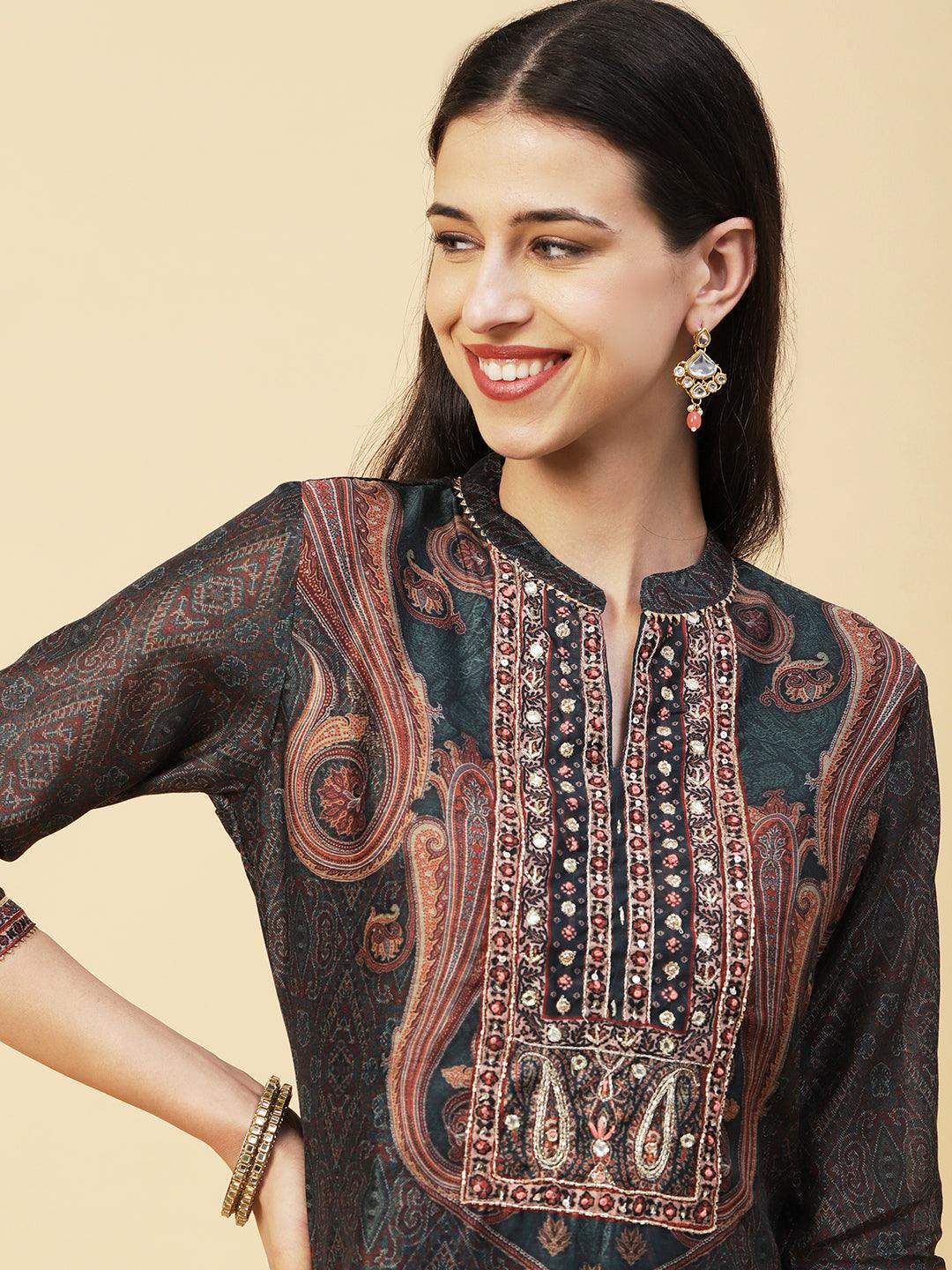 Ethnic Printed Mirror, Cutdana & Zari Embroidered Kurta With Pants & Dupatta - Dark Green - Indiakreations