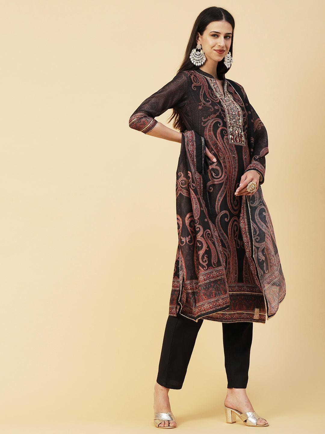 Paisley Printed Gotapatti & Mirror Embroidered Kurta With Pants & Dupatta - Black - Indiakreations