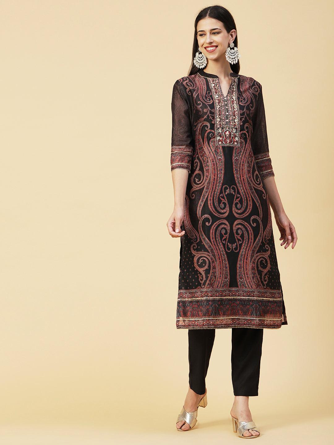 Paisley Printed Gotapatti & Mirror Embroidered Kurta With Pants & Dupatta - Black - Indiakreations