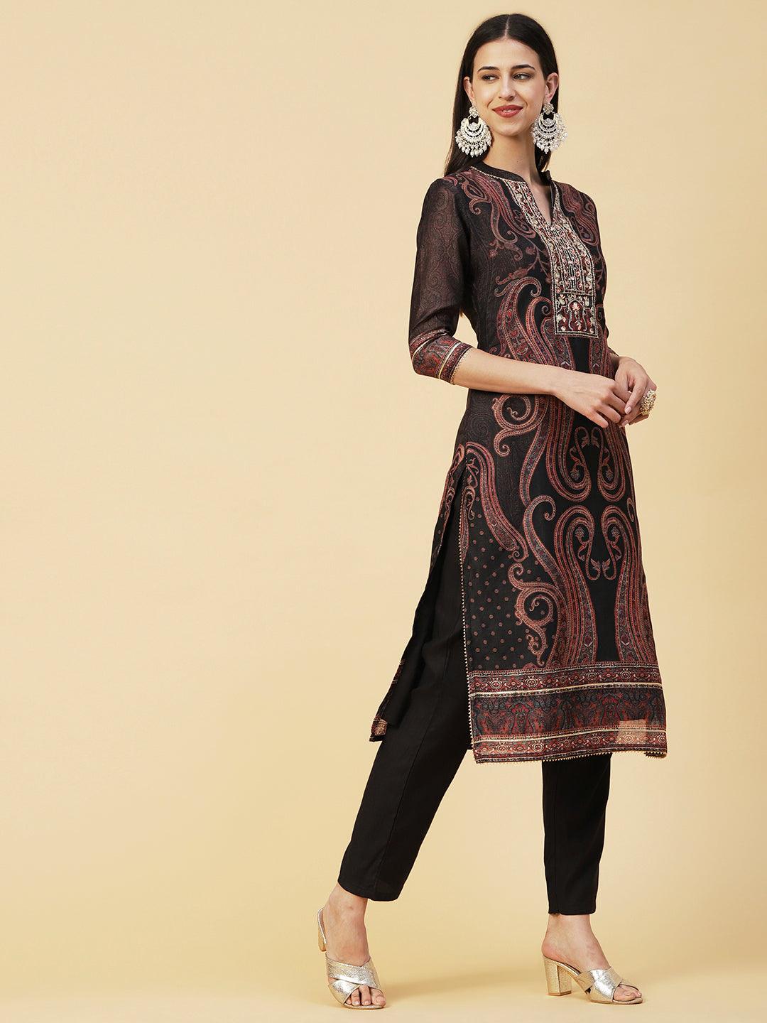 Paisley Printed Gotapatti & Mirror Embroidered Kurta With Pants & Dupatta - Black - Indiakreations