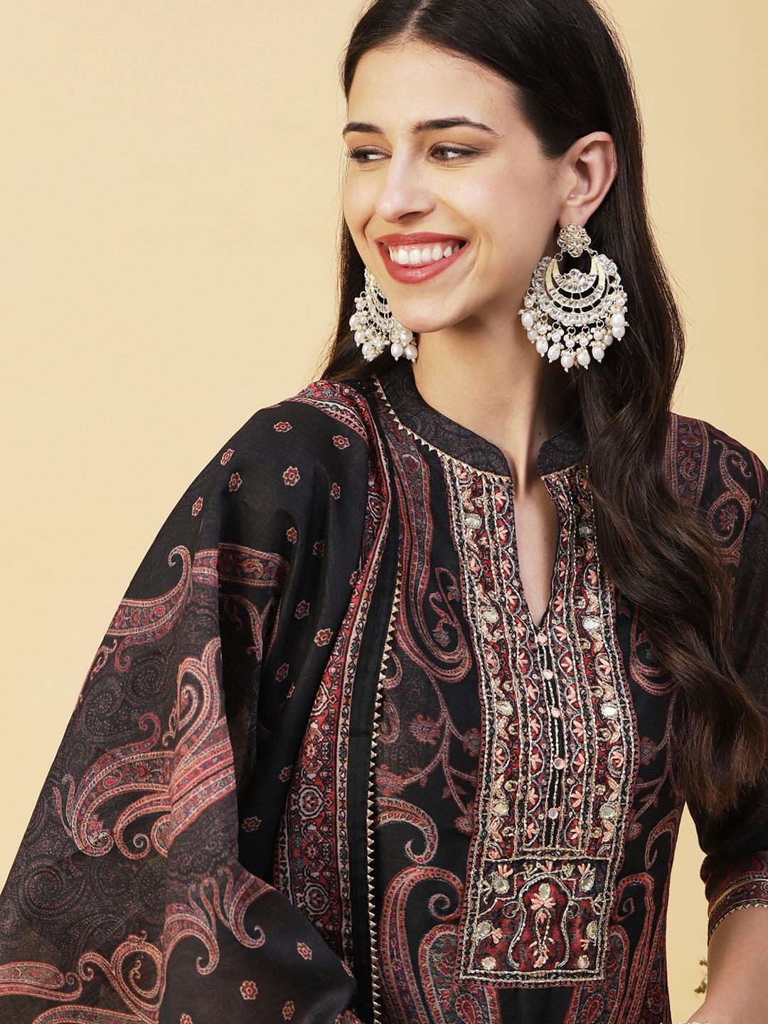 Paisley Printed Gotapatti & Mirror Embroidered Kurta With Pants & Dupatta - Black - Indiakreations