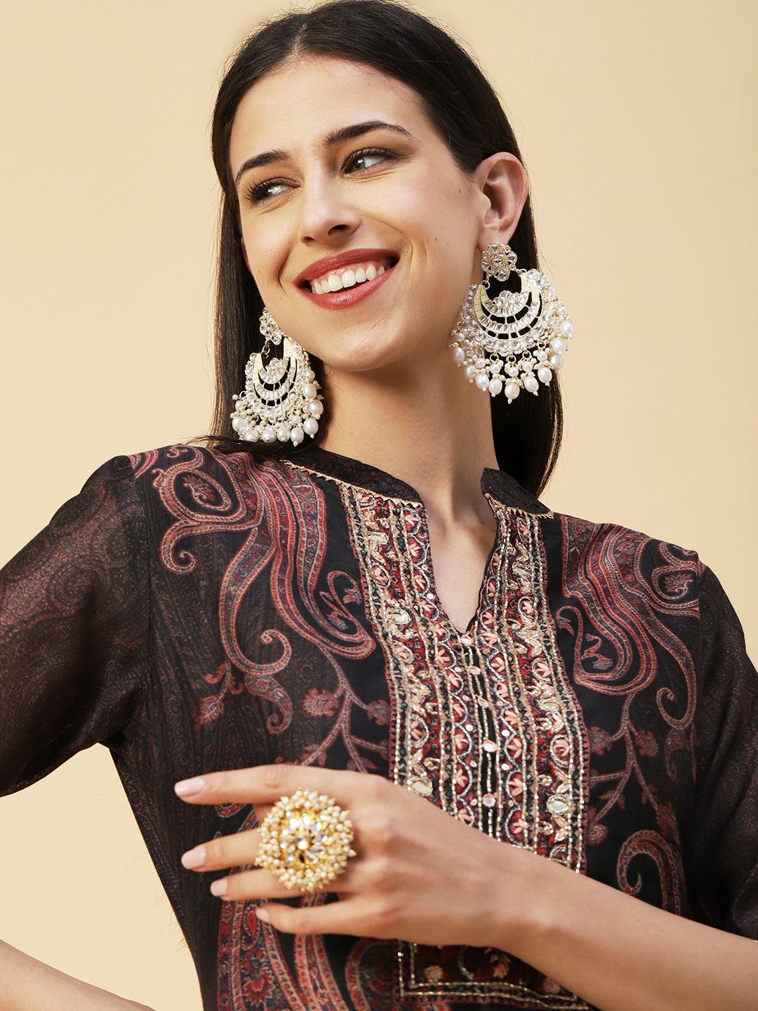 Paisley Printed Gotapatti & Mirror Embroidered Kurta With Pants & Dupatta - Black - Indiakreations