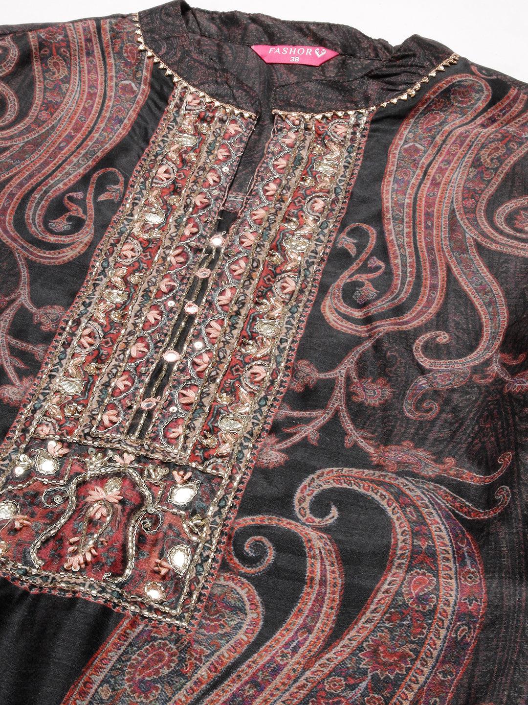 Paisley Printed Gotapatti & Mirror Embroidered Kurta With Pants & Dupatta - Black - Indiakreations