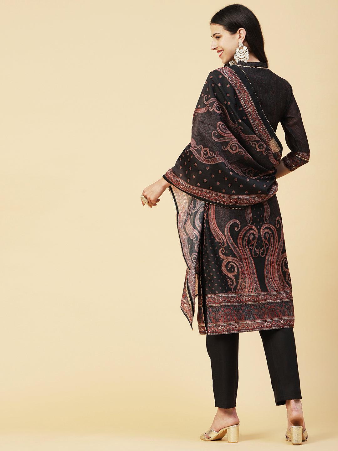 Paisley Printed Gotapatti & Mirror Embroidered Kurta With Pants & Dupatta - Black - Indiakreations