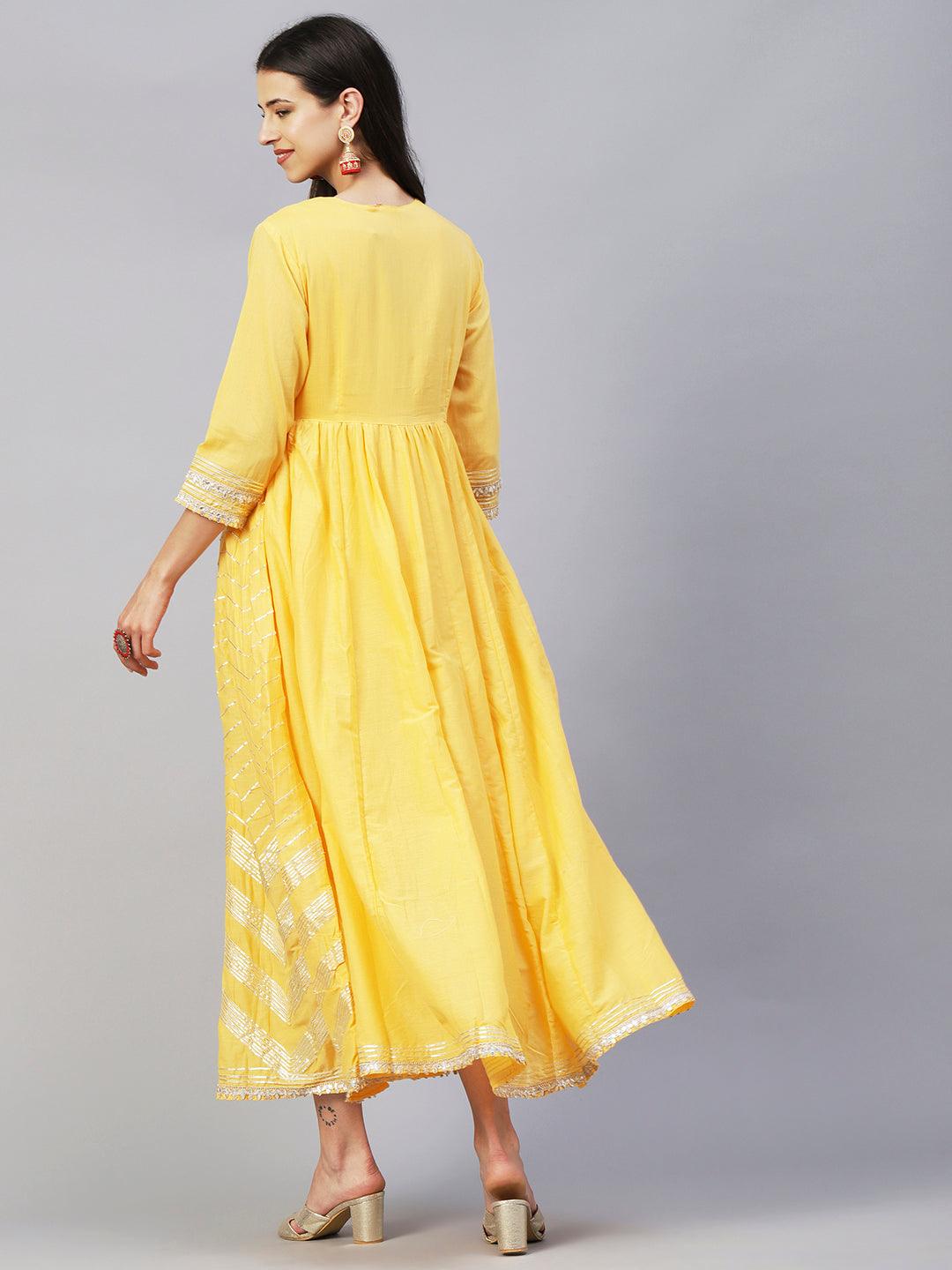 Solid Gotapatti & Gota Lace Applique Embroidered Flared Gown - Yellow - Indiakreations