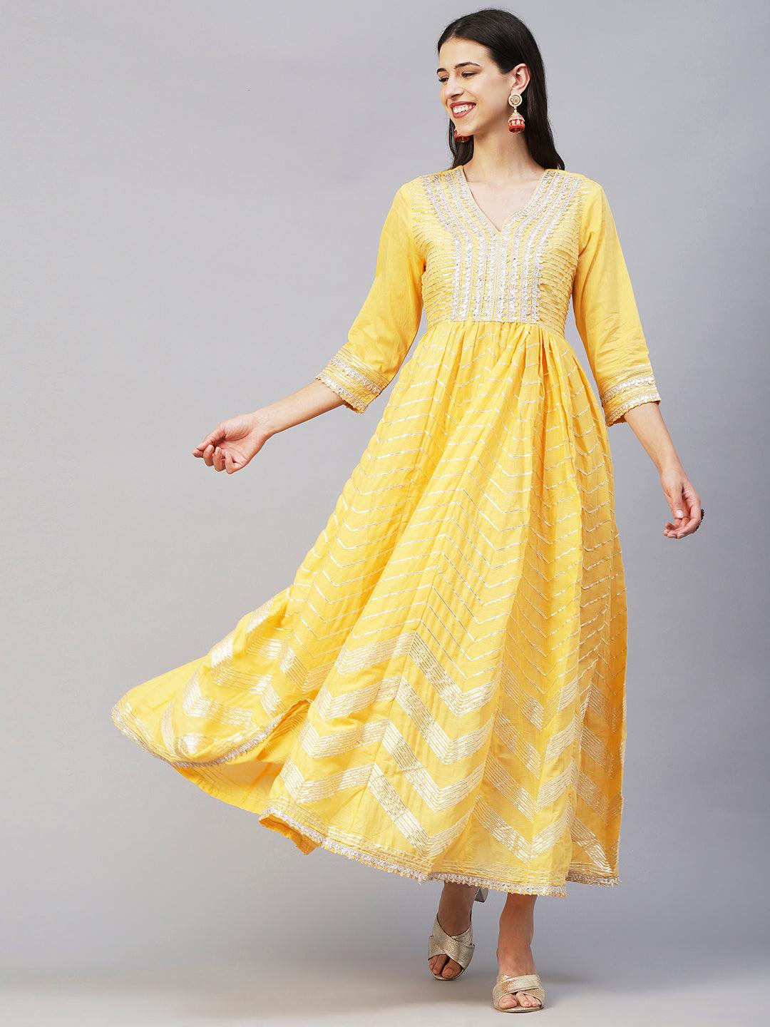 Solid Gotapatti & Gota Lace Applique Embroidered Flared Gown - Yellow - Indiakreations