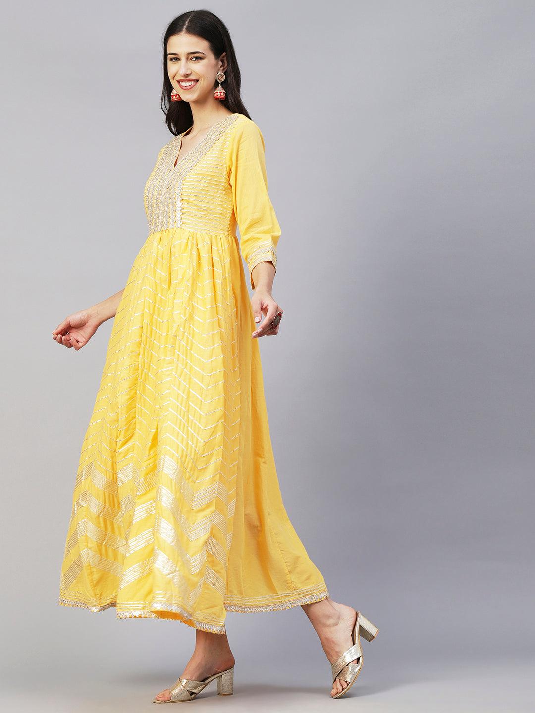 Solid Gotapatti & Gota Lace Applique Embroidered Flared Gown - Yellow - Indiakreations