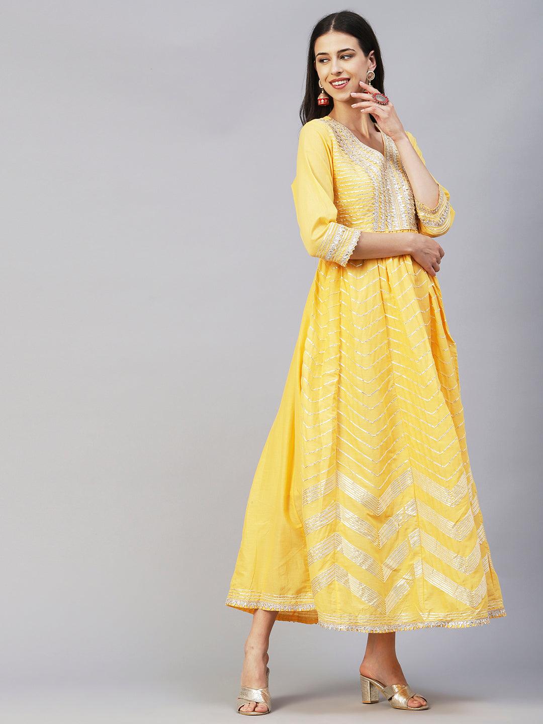 Solid Gotapatti & Gota Lace Applique Embroidered Flared Gown - Yellow - Indiakreations