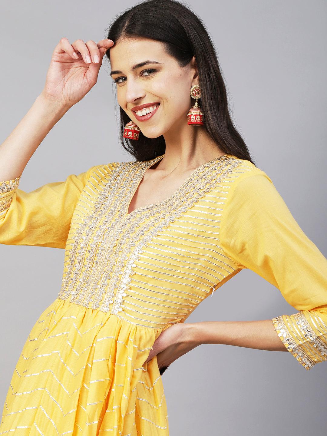 Solid Gotapatti & Gota Lace Applique Embroidered Flared Gown - Yellow - Indiakreations