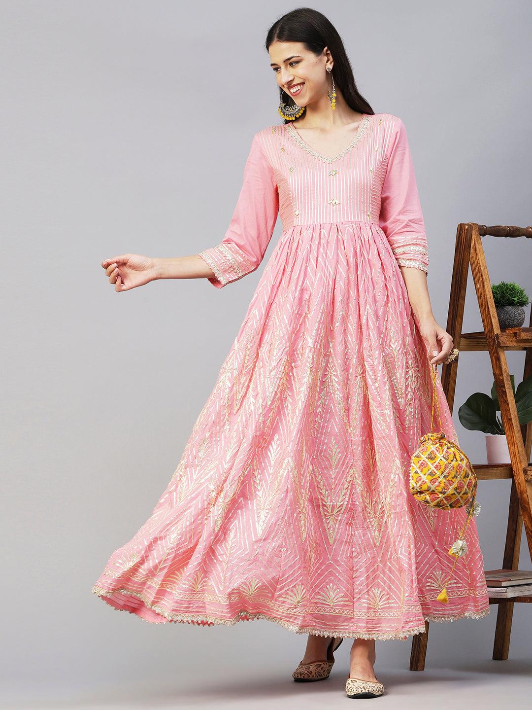 Solid Gota Lace & Gotapatti Embroidered Flared Gown - Pink - Indiakreations