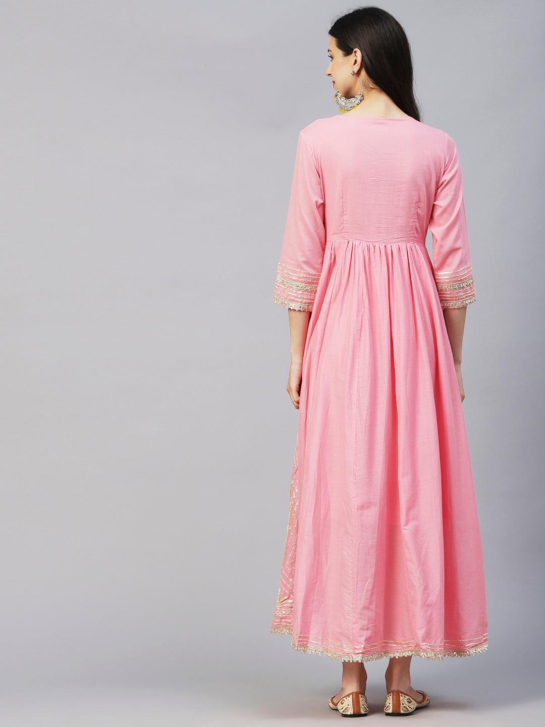 Solid Gota Lace & Gotapatti Embroidered Flared Gown - Pink - Indiakreations