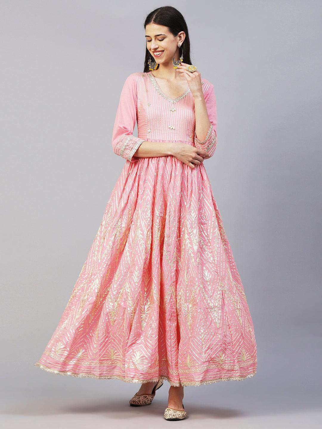 Solid Gota Lace & Gotapatti Embroidered Flared Gown - Pink - Indiakreations