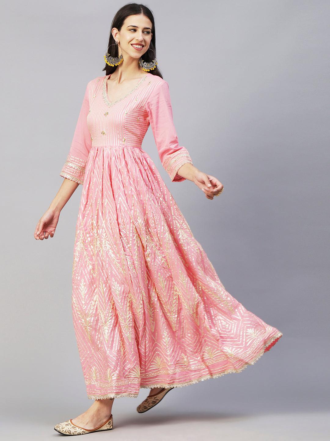 Solid Gota Lace & Gotapatti Embroidered Flared Gown - Pink - Indiakreations