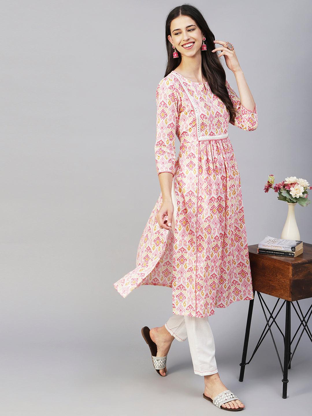 Ikkat Printed Mirror & Zari Embroidered Lurex Striped Kurta With Pants - Multi - Indiakreations