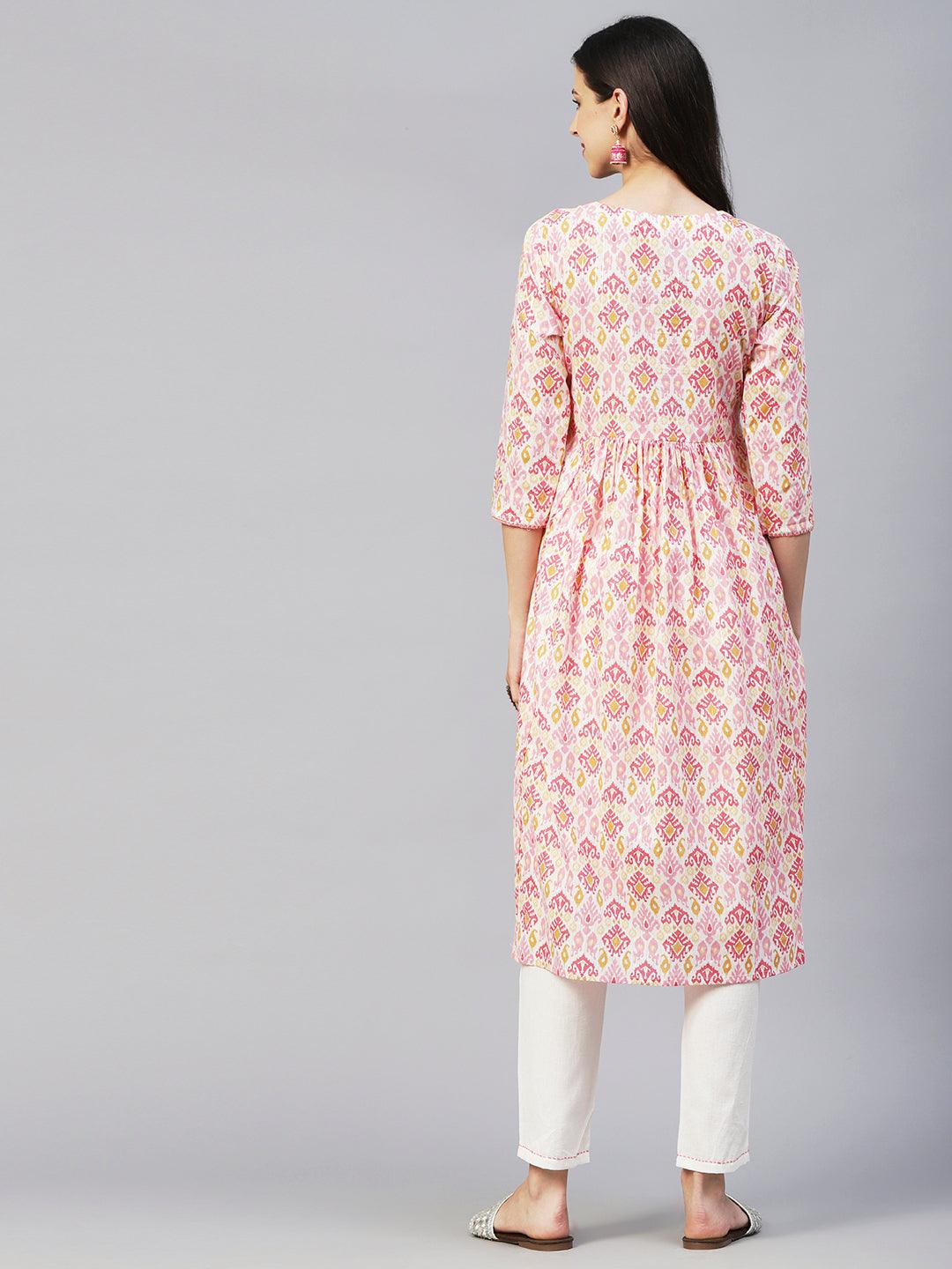 Ikkat Printed Mirror & Zari Embroidered Lurex Striped Kurta With Pants - Multi - Indiakreations