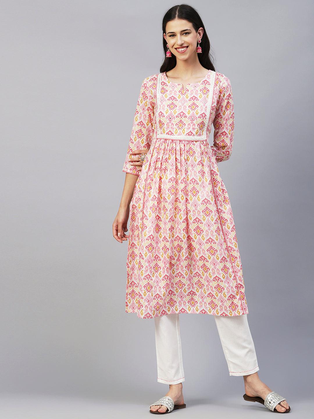 Ikkat Printed Mirror & Zari Embroidered Lurex Striped Kurta With Pants - Multi - Indiakreations