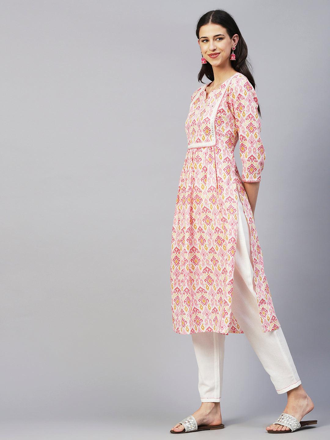 Ikkat Printed Mirror & Zari Embroidered Lurex Striped Kurta With Pants - Multi - Indiakreations