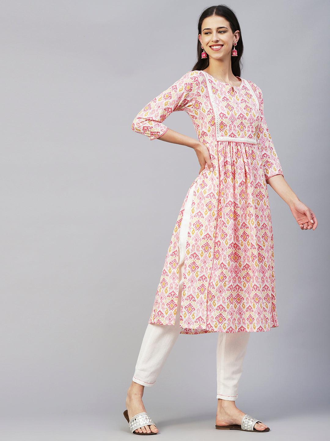 Ikkat Printed Mirror & Zari Embroidered Lurex Striped Kurta With Pants - Multi - Indiakreations