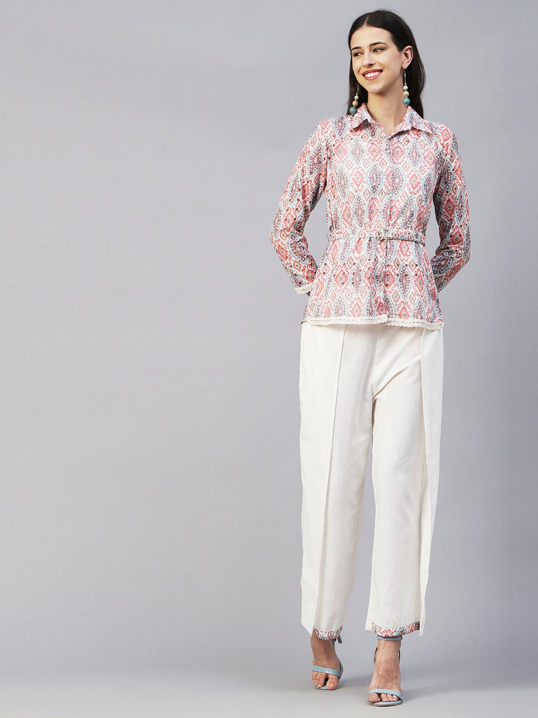 Floral Printed Schiffili Embroidered Shirt With Waist Belt & Layered Pants - Beige & Multi - Indiakreations