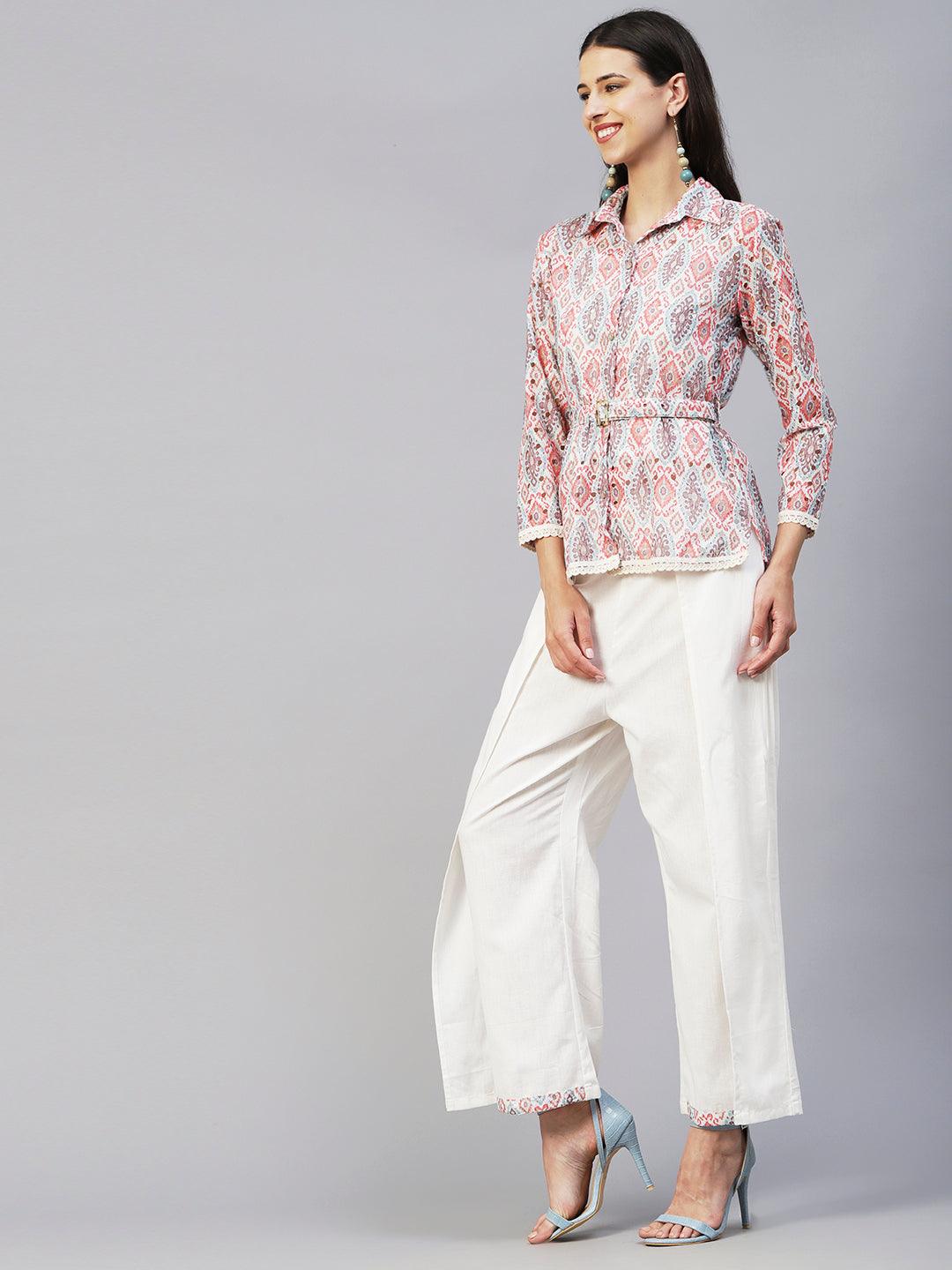 Floral Printed Schiffili Embroidered Shirt With Waist Belt & Layered Pants - Beige & Multi - Indiakreations