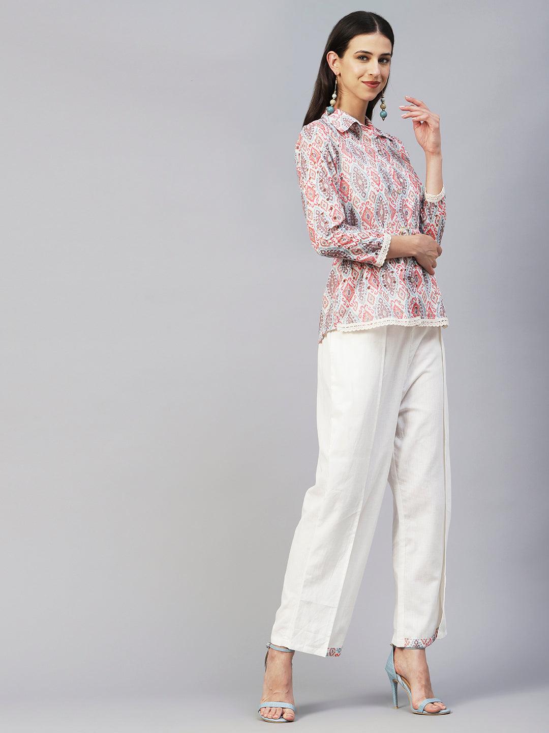 Floral Printed Schiffili Embroidered Shirt With Waist Belt & Layered Pants - Beige & Multi - Indiakreations