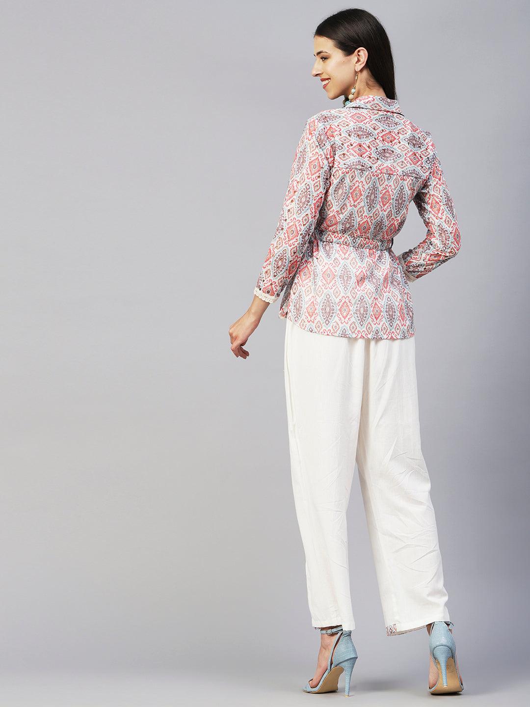 Floral Printed Schiffili Embroidered Shirt With Waist Belt & Layered Pants - Beige & Multi - Indiakreations