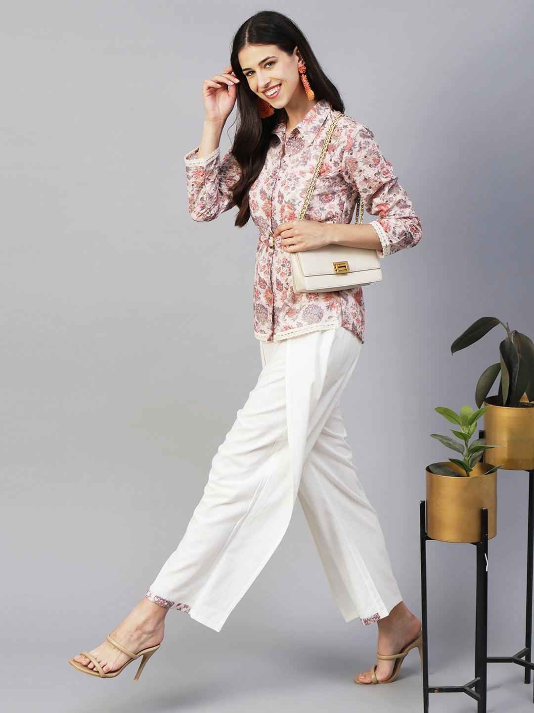 Floral Printed Schiffili Embroidered Shirt With Waist Belt & Layered Pants - Cream & Multi - Indiakreations