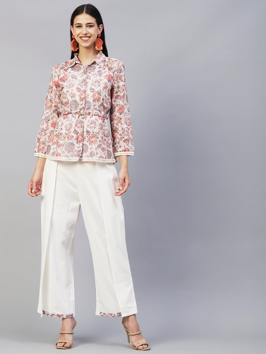 Floral Printed Schiffili Embroidered Shirt With Waist Belt & Layered Pants - Cream & Multi - Indiakreations