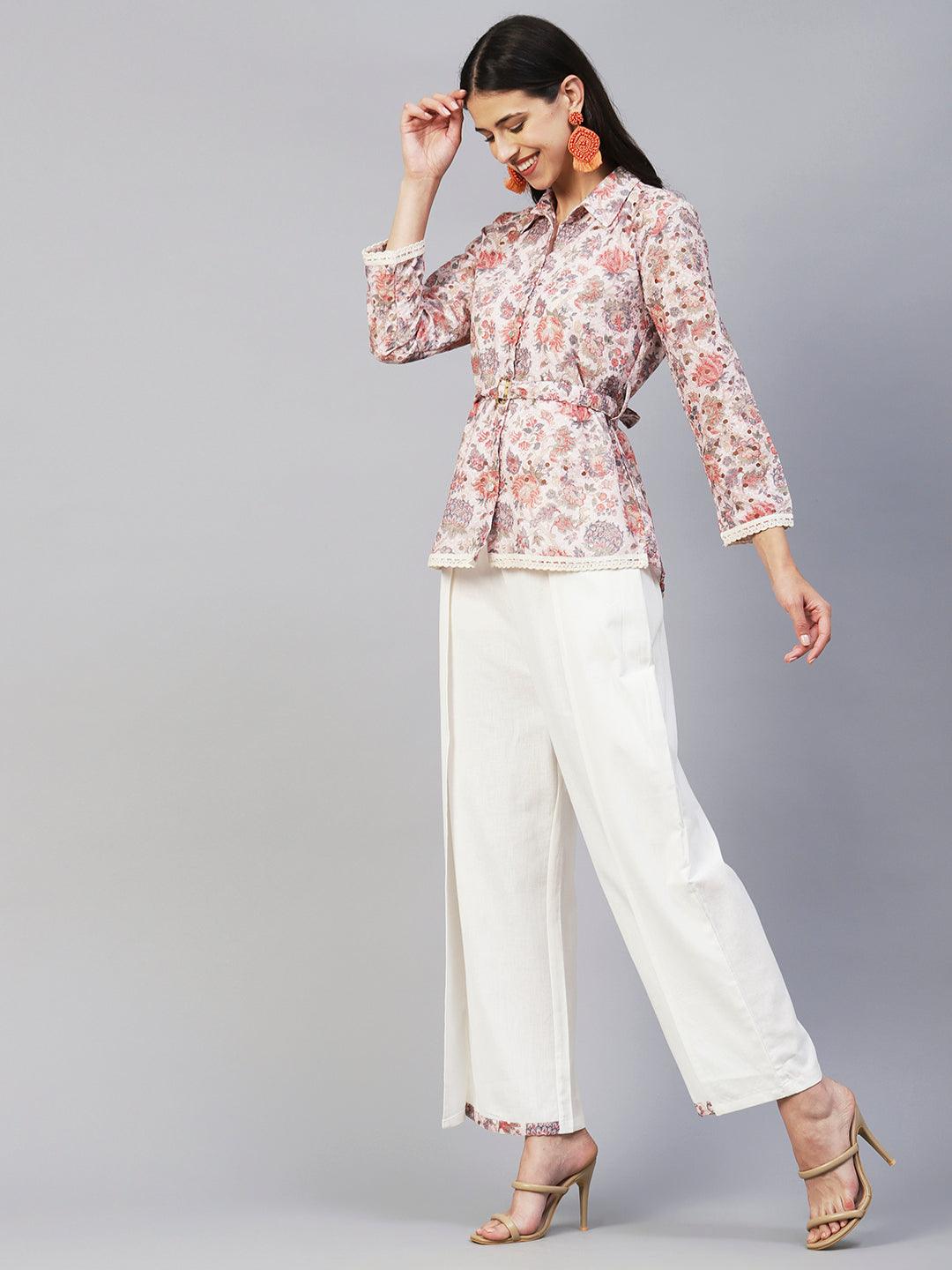 Floral Printed Schiffili Embroidered Shirt With Waist Belt & Layered Pants - Cream & Multi - Indiakreations