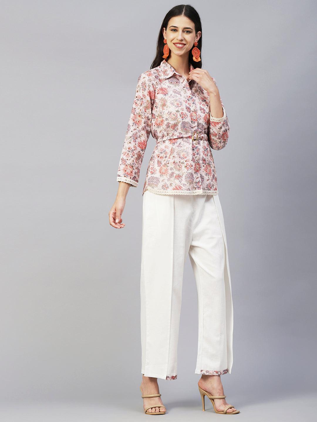 Floral Printed Schiffili Embroidered Shirt With Waist Belt & Layered Pants - Cream & Multi - Indiakreations