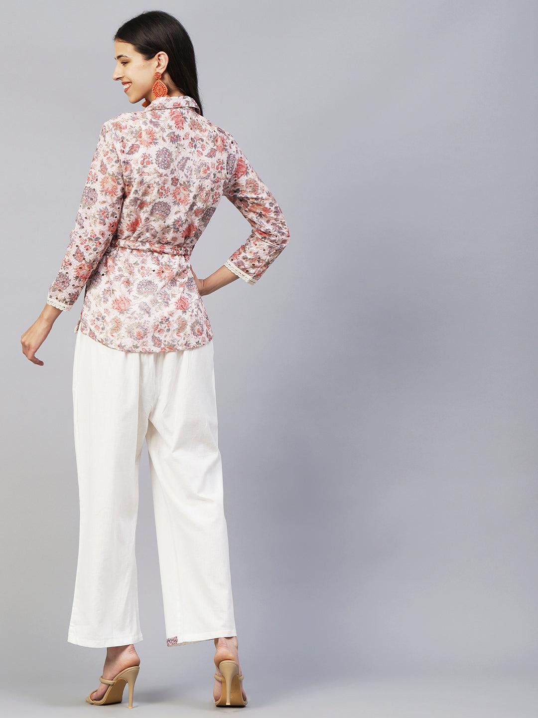 Floral Printed Schiffili Embroidered Shirt With Waist Belt & Layered Pants - Cream & Multi - Indiakreations