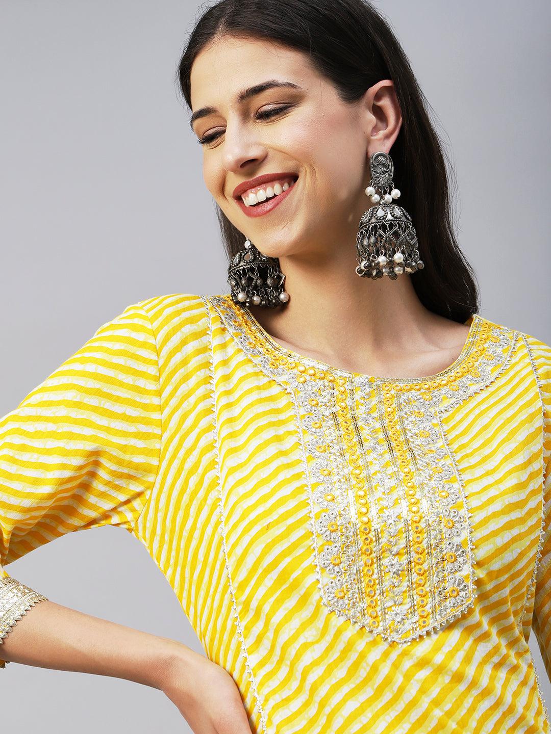 Lehriya Printed Mirror, Zari & Resham Embroidered Kurta With Pants - Yellow - Indiakreations