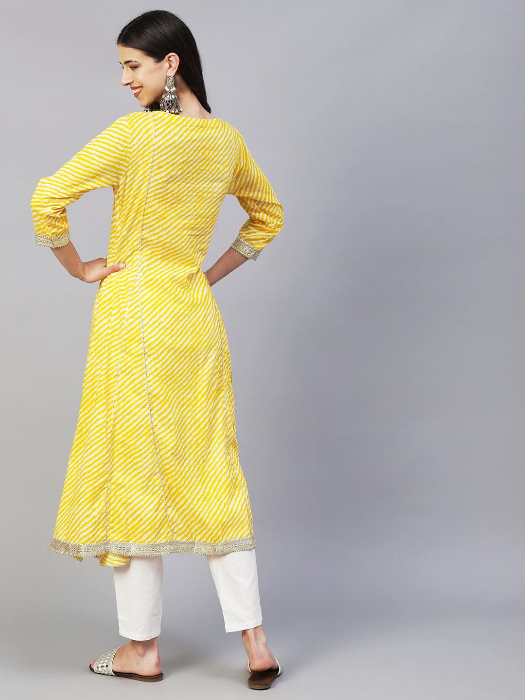 Lehriya Printed Mirror, Zari & Resham Embroidered Kurta With Pants - Yellow - Indiakreations