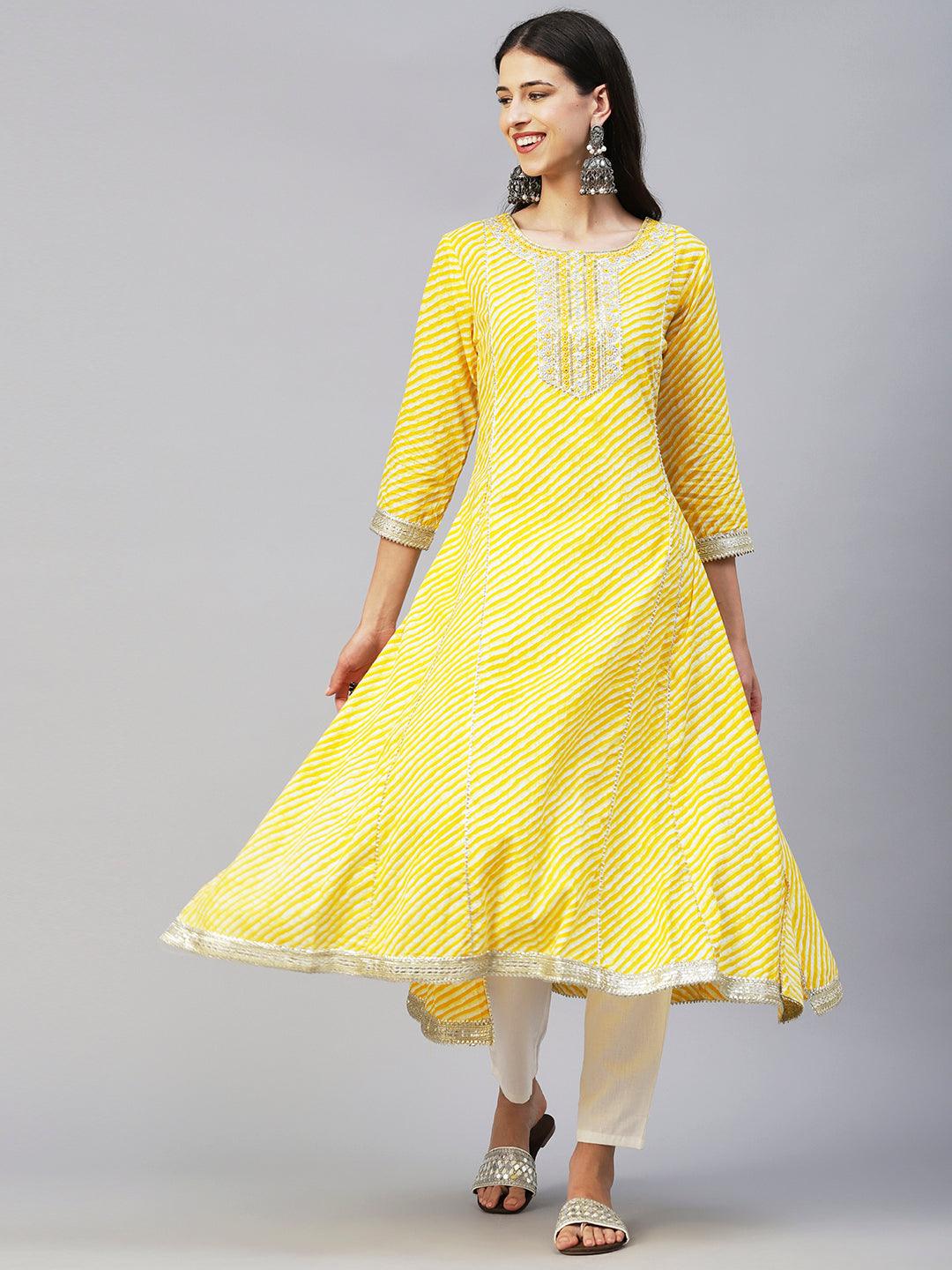 Lehriya Printed Mirror, Zari & Resham Embroidered Kurta With Pants - Yellow - Indiakreations