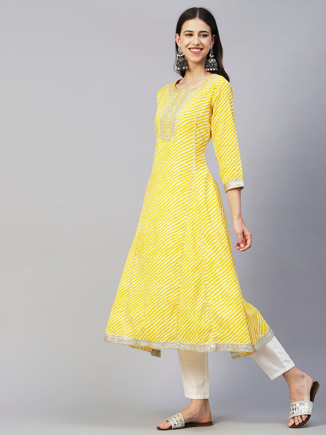 Lehriya Printed Mirror, Zari & Resham Embroidered Kurta With Pants - Yellow - Indiakreations