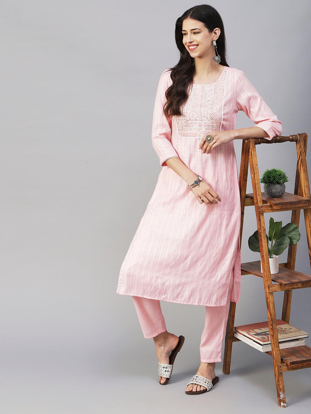 Lurex Striped Dobby Design Mirror & Resham Embroidered Kurta With Pants - Peach-Pink - Indiakreations