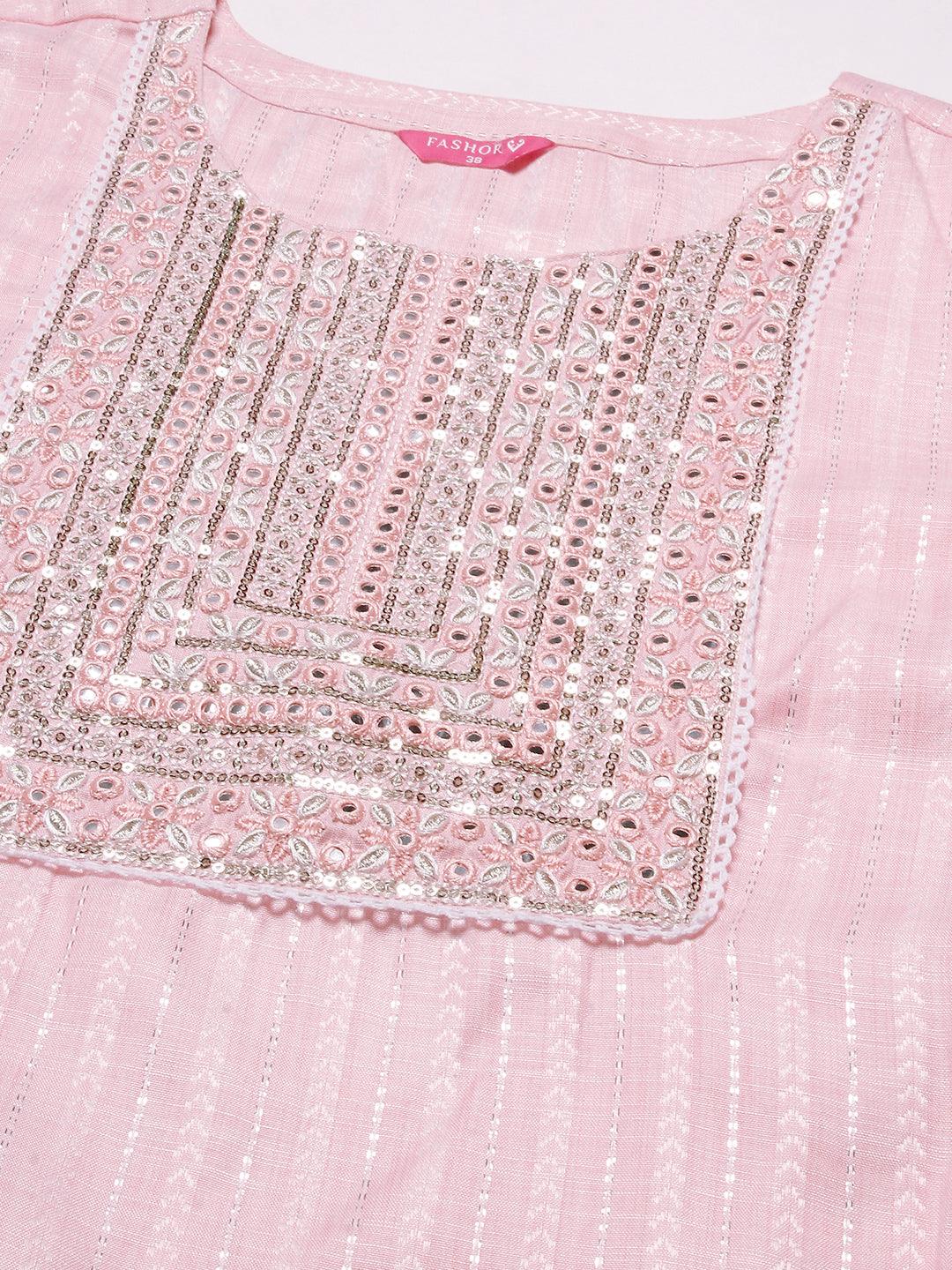 Lurex Striped Dobby Design Mirror & Resham Embroidered Kurta With Pants - Peach-Pink - Indiakreations