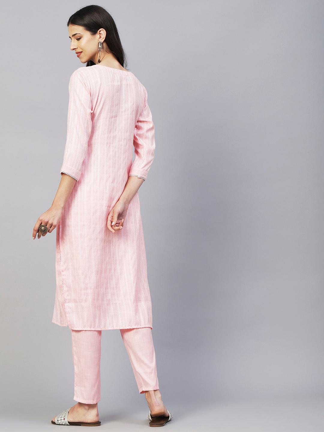 Lurex Striped Dobby Design Mirror & Resham Embroidered Kurta With Pants - Peach-Pink - Indiakreations