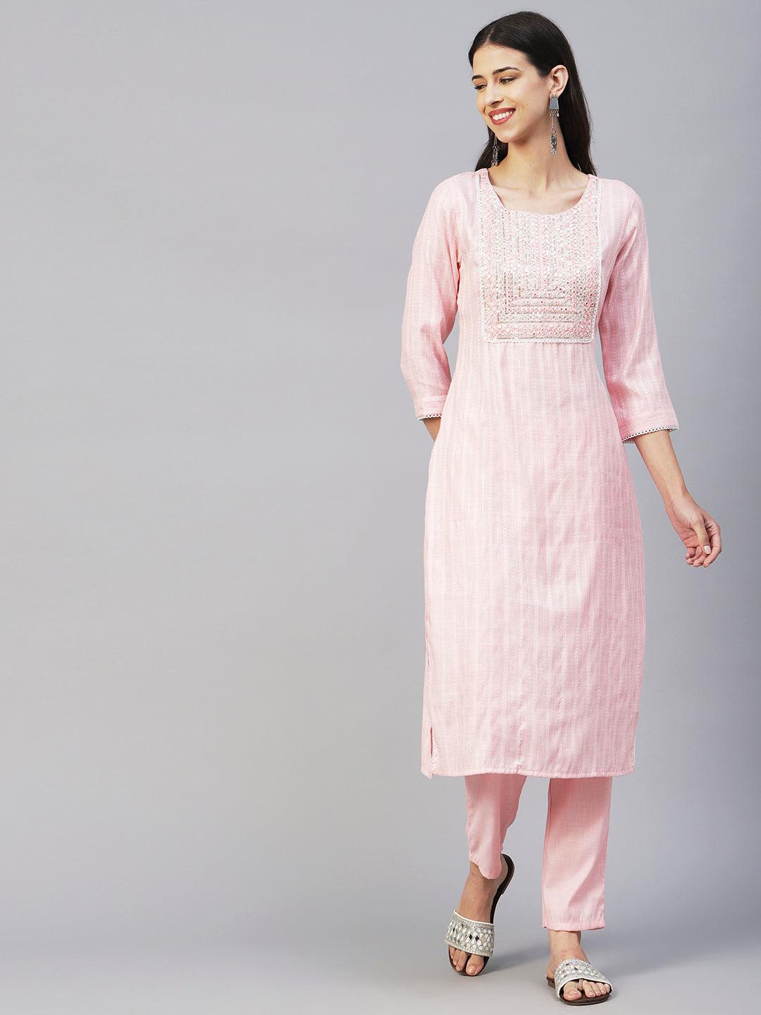 Lurex Striped Dobby Design Mirror & Resham Embroidered Kurta With Pants - Peach-Pink - Indiakreations