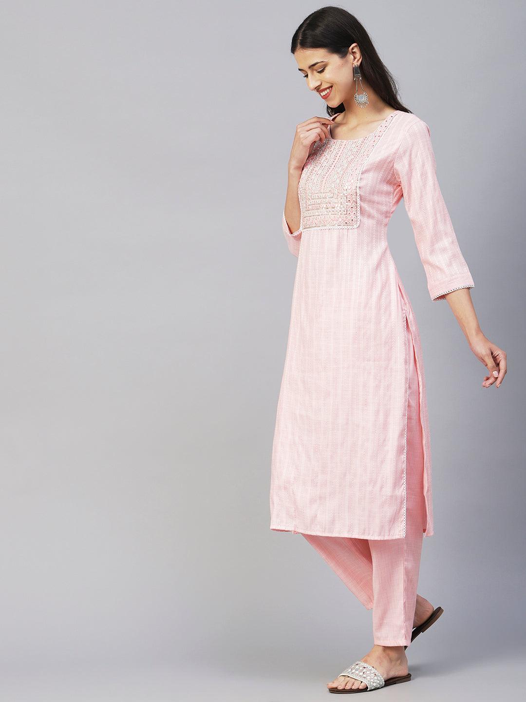 Lurex Striped Dobby Design Mirror & Resham Embroidered Kurta With Pants - Peach-Pink - Indiakreations