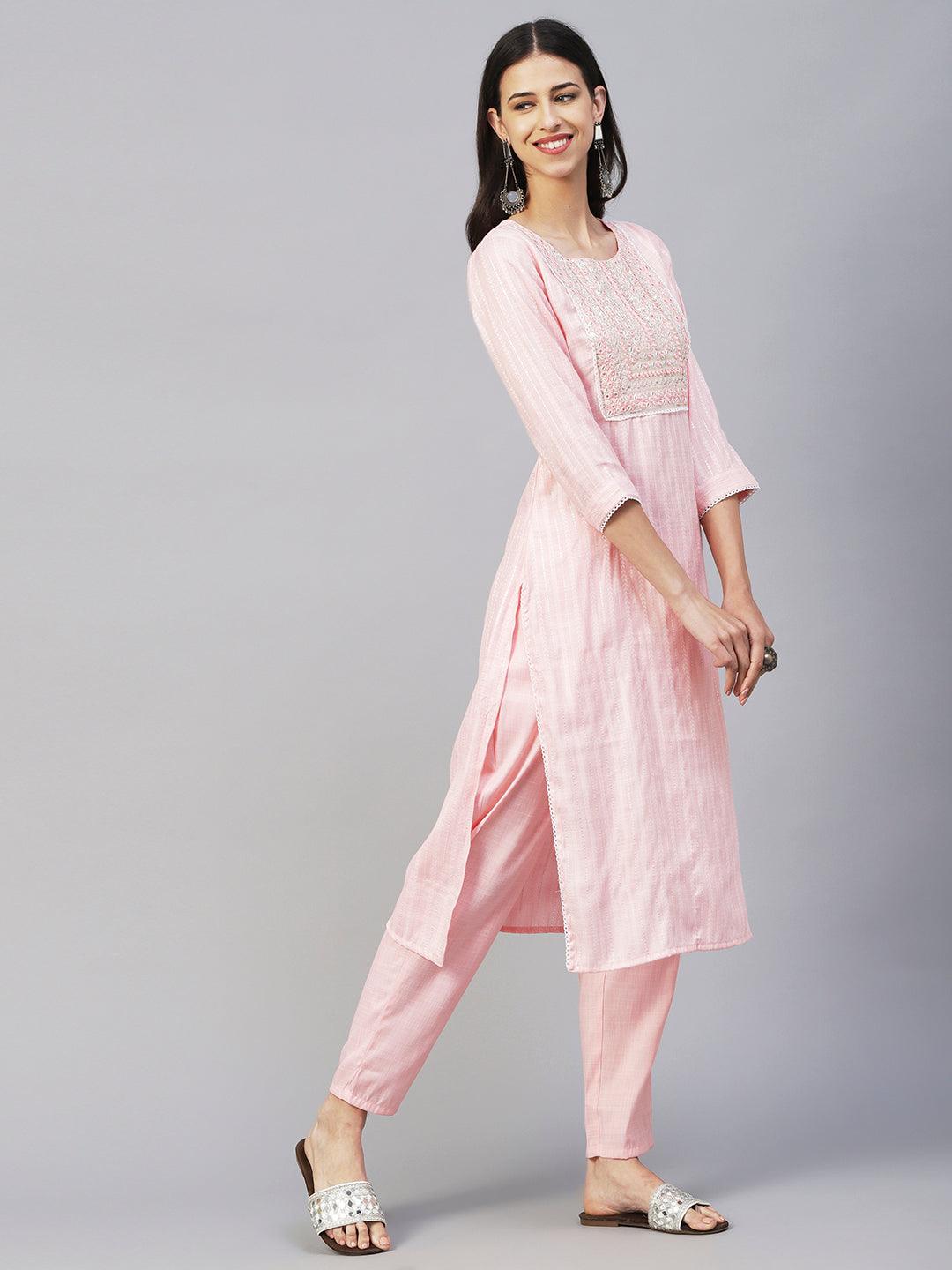 Lurex Striped Dobby Design Mirror & Resham Embroidered Kurta With Pants - Peach-Pink - Indiakreations