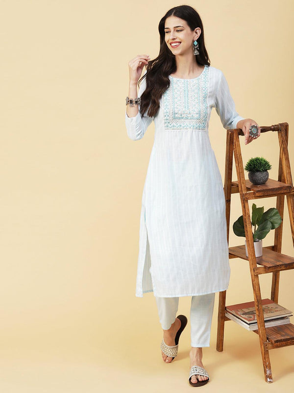 Lurex Striped Dobby Design Mirror & Resham Embroidered Kurta With Pants - Sky Blue - Indiakreations